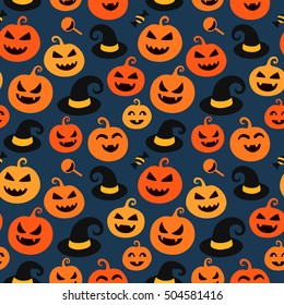 Happy halloween seamless pattern background with hats, sweets and scary pumpkins. Abstract illustration.
