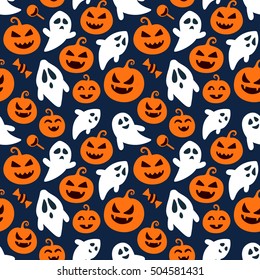 Happy halloween seamless pattern background with flying ghosts and scary pumpkins. Abstract illustration.