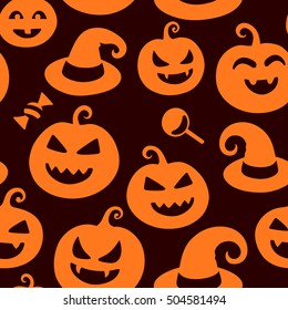 Happy halloween seamless pattern background with hats, sweets and scary pumpkins. Abstract illustration.
