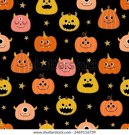 Happy halloween seamless pattern and background with cute monster pumpkin and ghost. Holidays cartoon character. -Vector