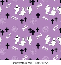 
Happy Halloween, seamless pattern, banner or party invitation, background. Vector illustration. Three different ghosts, gravestone crosses, cobwebs. Purple background.