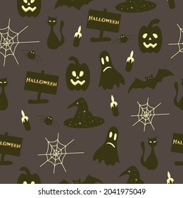 Happy Halloween seamless pattern with bat, web, pumpkin, hat, ghost, cat on dark background. Vector illustration