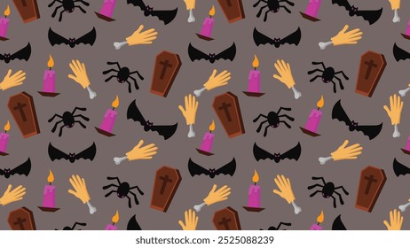 Feliz Halloween, patrón transparente de Halloween con murciélagos, arañas y ataúdes de miedo, fondo de Halloween, Fondo de pantalla de Halloween 