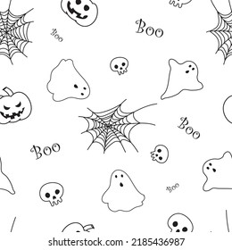 Happy Halloween seamless pattern with black spider web, ghost, scull and pumpkins. Vector contour illustration  for printing on fabric, paper. Minimalism art.