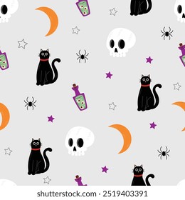 Feliz Halloween sin patrón. Gato negro, luna, cráneo, poción en estilo dibujado a mano. Fondo lindo con los niños que repiten la impresión. Ilustración vectorial gráfica plana colorida. Fondo gris aislado.