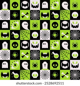 Happy Halloween seamless pattern. Black and green checkered background. Cute spooky Halloween Party and Horror Holiday design concept. Vector Illustration in minimalist flat style.