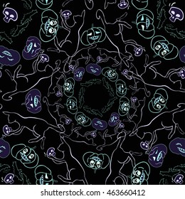 Happy Halloween seamless pattern with black background: pumpkin, cat, skull the bat vector illustration