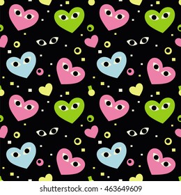Happy Halloween. Seamless pattern with bright hearts on a black background.