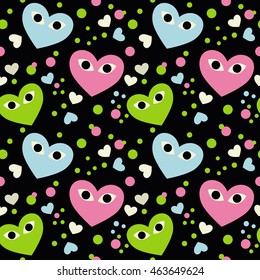 Happy Halloween. Seamless pattern with bright hearts on a black background.