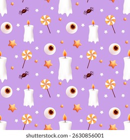 Happy Halloween seamless pattern. Candle, lollipop, eye, spider. Holiday vector illustration