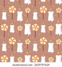 Happy Halloween seamless pattern. Candles and lollipop. Holiday vector illustration