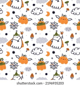 Happy Halloween seamless pattern with cartoon ghosts and pumpkin. Festive print hand drawn Halloween . Childish holiday print in doodle style