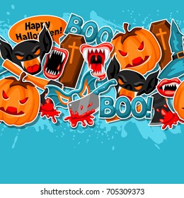 Happy Halloween seamless pattern with cartoon holiday sticker symbols.