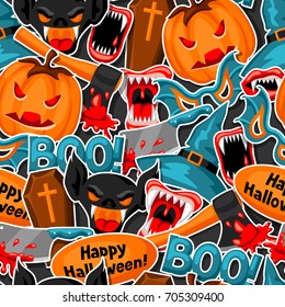 Happy Halloween seamless pattern with cartoon holiday sticker symbols.