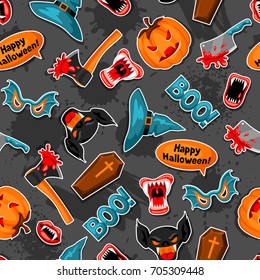 Happy Halloween seamless pattern with cartoon holiday sticker symbols.