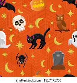 HAPPY HALLOWEEN SEAMLESS PATTERN. CAT, OWL,SPIDER, BAT, GHOST, GRAVE, PUMPKIN ELEMENT FLAT ILLUSTRATION DESIGN.