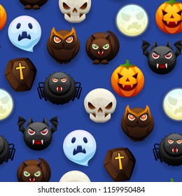 Happy Halloween seamless pattern. Celebration party background with angry stylized characters.