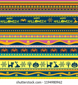 Happy Halloween. Seamless pattern. Celebration background with pumpkin, black cat, spider, star and place for your text. Vector illustration