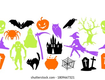 Happy Halloween seamless pattern with celebration items. Background for holiday and party.