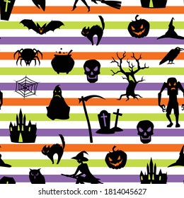 Happy Halloween seamless pattern with celebration items. Background for holiday and party.