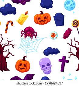 Happy Halloween seamless pattern with celebration items. Background for party.