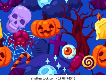 Happy Halloween seamless pattern with celebration items. Background for party.