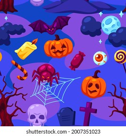 Happy Halloween seamless pattern with celebration items. Background for party.