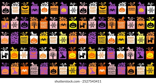 Fröhliches Halloween! Nahtloses Halloween-Muster. Feier Hintergrund mit Geschenkbox und Platz für Ihren Text. Gut für Textilgewebe-Design, Umhüllungspapier, Website Tapeten, Textil, Tapete.