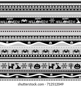 Happy Halloween. Seamless pattern. Celebration background with pumpkin, black cat, spider, star and place for your text. Vector illustration