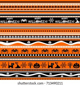 Happy Halloween. Seamless pattern. Celebration background with pumpkin, black cat, spider, star and place for your text. Vector illustration