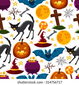 Happy halloween seamless pattern with characters and objects.