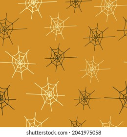 Happy Halloween seamless pattern with cobweb on yellow background. Vector illustration