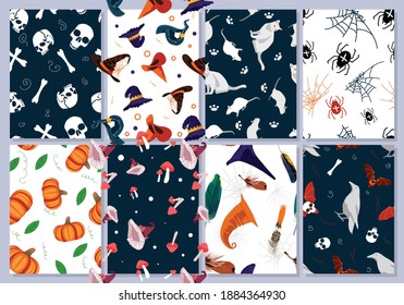 Happy Halloween seamless pattern collection. Witch hats, pumpkins, black cats, skull bones, spiders repeating prints for backdrop, wallpaper, packaging, textile design cartoon vector illustration