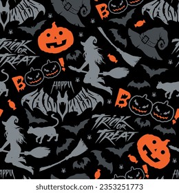 Happy Halloween seamless pattern colorful with pumpkins and night witches flying on broomstick and bats screaming boo vector illustration