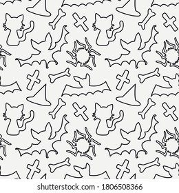Fröhliches Halloween. Nahtlose Muster von verschlungenen Doodles und Feiertagssymbole. Schwarzer Umriss einer Fledermaus, Spinne, Knochen, Kreuz, einzeln. Vektorhintergründe und -texte