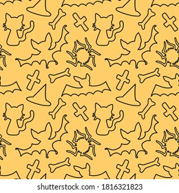 Happy Halloween. Seamless pattern of contoured doodles and holiday-themed icons. Black outline of a bat, spider, bone, cross, isolated. Vector backgrounds and textures
