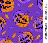 Happy Halloween seamless pattern. Creepy purple background with orange pumpkin and autumn leaves. Holiday character for Halloween smiles. Hand drawn vector. Design of textiles, paper, fabric