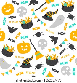 Happy Halloween seamless pattern with cute elements. Vector hand drawn illustration.