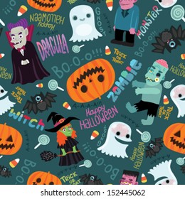 Happy Halloween seamless pattern. Cute vector background with Dracula, zombie, witch, ghost, pumpkin.