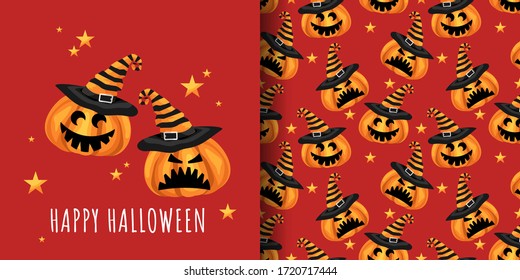 Happy Halloween seamless pattern of cute Halloween pumpkin with witches hat and star on red background. Vector illustration