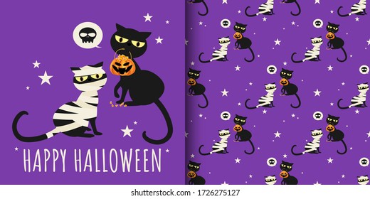 Happy Halloween seamless pattern of cute mummy cat and black cat with Halloween candies in pumpkin basket on purple background with tiny stars. Vector illustration.