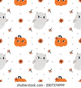 Happy Halloween Seamless pattern with cute baby ghosts and pumpkins isolated on white background. Autumn festive texture for textile with cartoon ghost. Print for kids holiday celebration