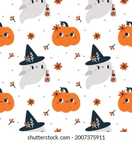 Happy Halloween Seamless pattern with cute baby ghosts in witch hat and pumpkins isolated on white background.  Festive texture for kids holiday celebration with cartoon ghost