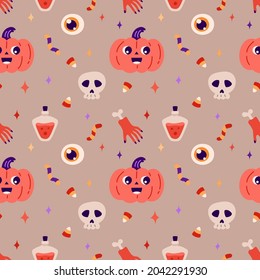 Happy Halloween. Seamless pattern. Cute vector illustration with pumpkin, hand with bone, candy, potion, skull, eye.