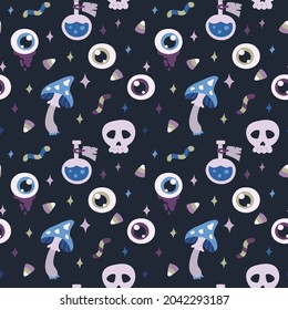 Happy Halloween. Seamless pattern. Cute vector illustration with eye, potion, skull, mushroom, candy on dark blue background.