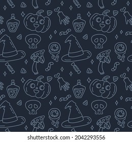 Feliz Halloween. Patrón sin foco. Dibujo vectorial de doodle lindo con sombrero mágico, calabaza, caramelo, calavera, hongos, poción, mano con hueso sobre fondo azul oscuro.