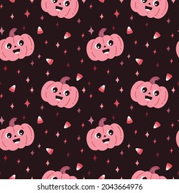 Happy Halloween. Seamless pattern. Cute vector illustration with little pink pumpkin, candy and stars on brown background.