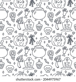 Feliz Halloween. Patrón sin foco. Dibujo vectorial de doodle con calabaza, mano con hueso, poción, caldero, ceja, caramelo, hongo, calavera.
