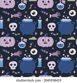 Happy Halloween. Seamless pattern. Cute vector illustration with pumpkin, hand with bone, candy, potion, skull, cauldron, candle on dark blue background.