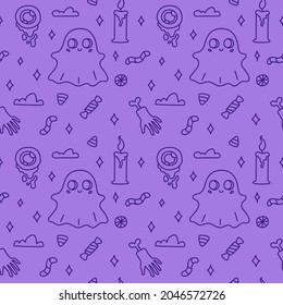 Happy Halloween. Seamless pattern. Cute doodle vector illustration with magic ghost, candy, eye, candle, hand with bone on purple background.